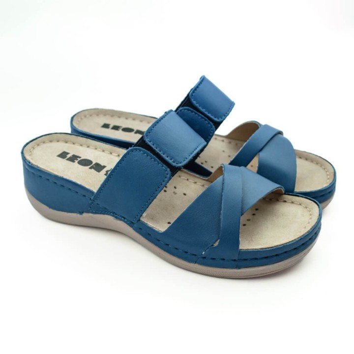 Saboti dama Leon 909, de vara, piele naturala, bleumarin