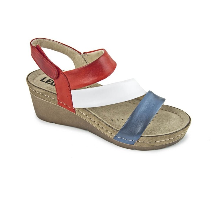 Sandale dama Leon 1020, piele naturala, alb/rosu/bleumarin