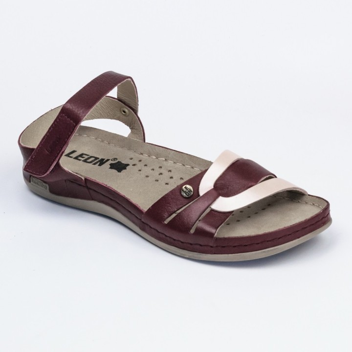 Sandale dama Leon 961, piele naturala, bordo/alb