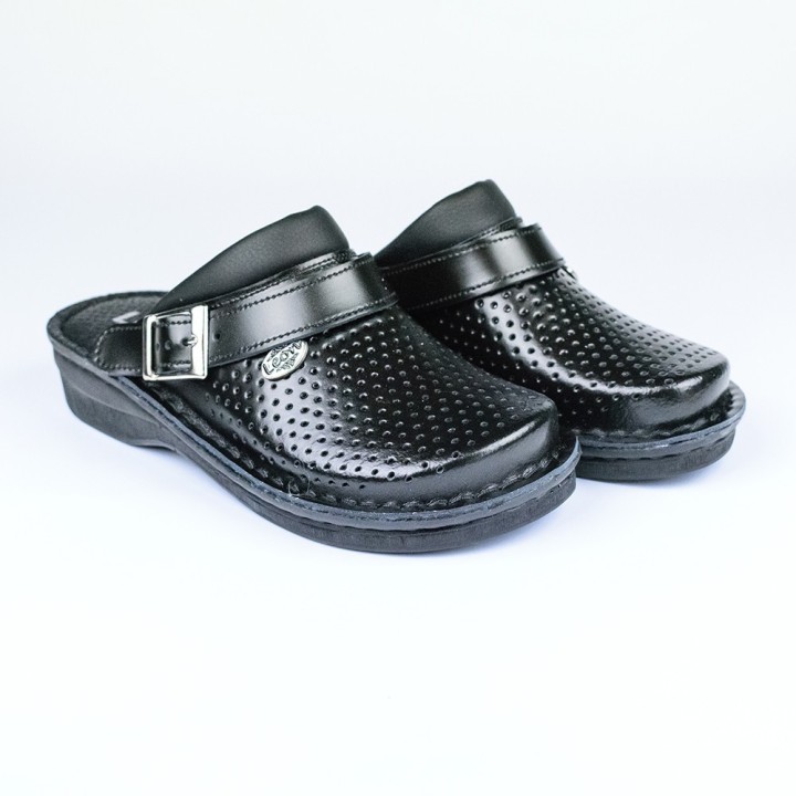 Saboti medicali dama Leon V202, piele naturala, cu bareta, negru