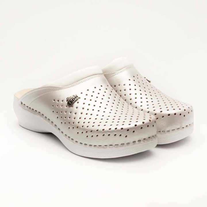 Saboti medicali unisex Leon PU100, piele naturala, alb perlat