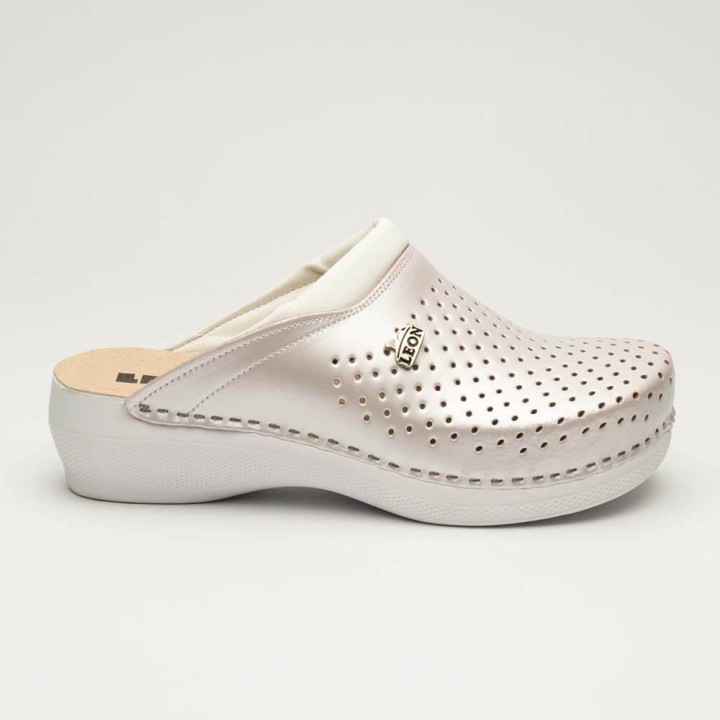 Saboti medicali unisex Leon PU100, piele naturala, alb perlat