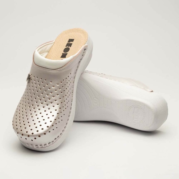 Saboti medicali unisex Leon PU100, piele naturala, alb perlat