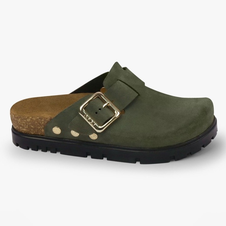 Saboti medicali dama Leon 6006, piele naturala, cu bareta, verde