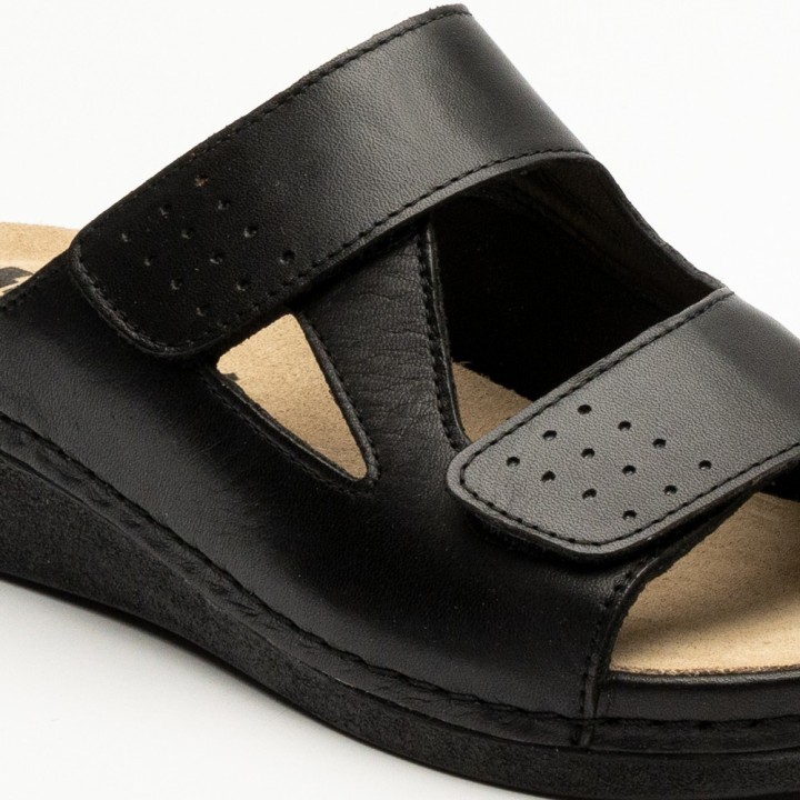 Saboti dama Leon 5010, de vara, piele naturala, cu bareta, negru