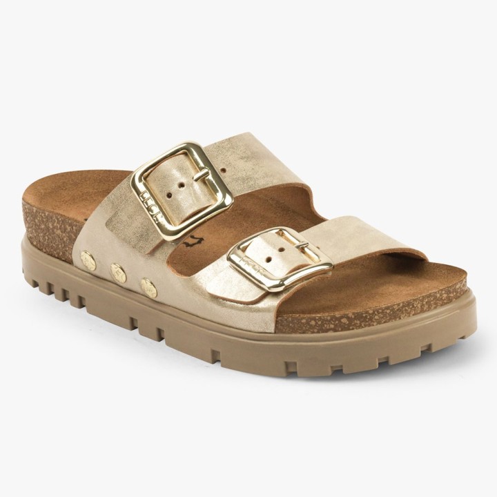 Saboti dama Leon 6010, de vara, piele naturala, cu bareta, auriu