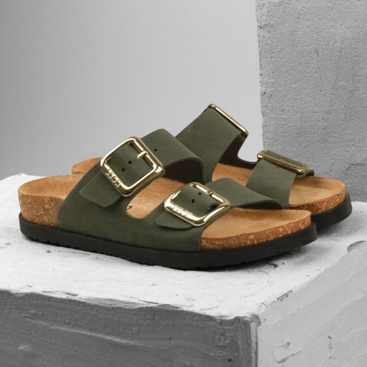 Saboti dama Leon 7010, de vara, piele naturala, cu bareta, verde